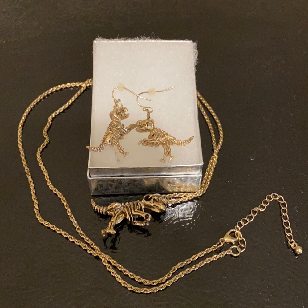 ModCloth Gold T-Rex fossil necklace and earrings bundle